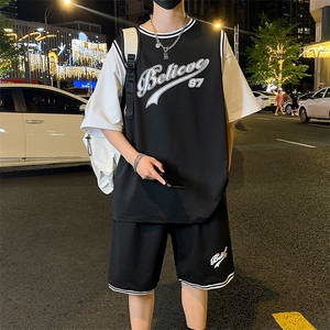 纯棉夏季短袖T恤套装宽松潮流篮球服男两件套男装F312P60控89图片