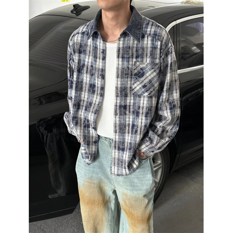 现货格子拼接灯芯绒领长袖衬衣男潮流时尚秋冬衬衫外套LC055-P45,男装衬衫,星座1008
