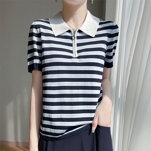 POLO领复古条纹正肩短袖T恤女2025夏季新款宽松休闲薄款小衫上衣,女装T恤,昭美羊绒