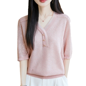 2025春夏新款时尚V领短袖针织衫女简约宽松气质镂空装饰上衣薄款图片