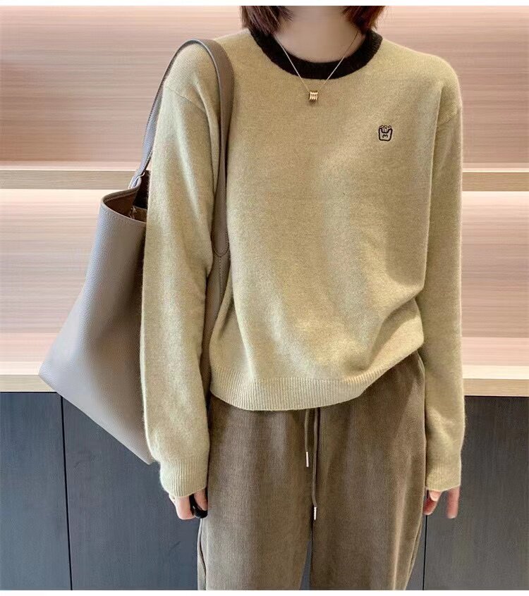 时尚百搭拼色刺绣圆领针织衫女春秋宽松毛衣撞色羊毛打底衫,针织衫/毛衣,半城羊绒