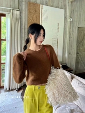 秋冬小众慵懒风半开领软糯宽松休闲百搭短款长袖针织毛衣女，女装针织衫/毛衣，半城羊绒