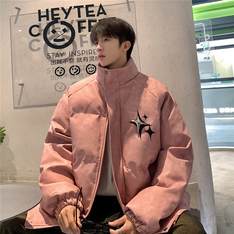 港风PU皮复古做旧可拆卸四芒星胸针设计棉衣男MY77721P128控168,男装棉衣,星座227-7
