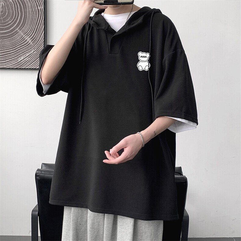 LD54292-P45NASA 连帽短袖t恤男大码胖子带帽五分袖中袖图片