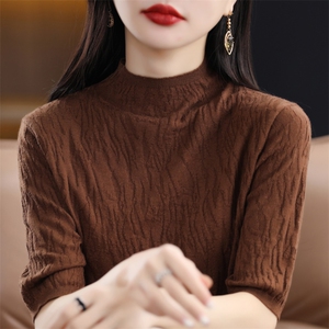 夏季新品100羊毛衫半高领五分袖针织衫女圆领短款高级感打底衫潮图片