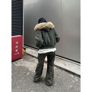 现货重磅boxy短款棉衣座山雕大毛毛领男女棉服水洗工装厚外套图片