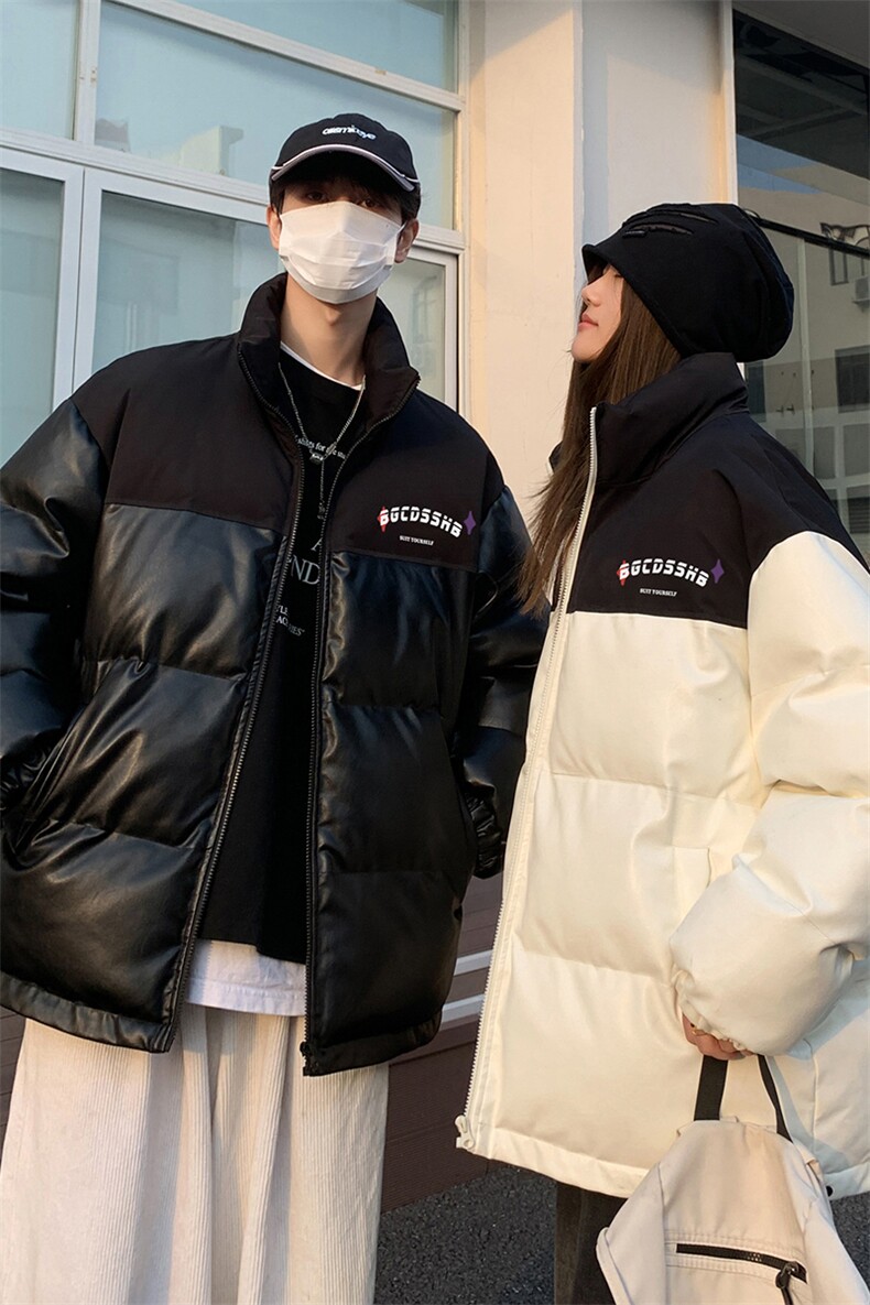街景时尚字母印花宽松休闲情侣拼色PU皮棉服A247-MY406P115控168,男装棉衣,电商A247