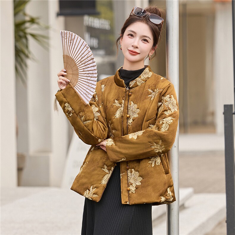 现货秋冬季薄棉绣花棉衣新中式复古洋气棉袄时尚潮流,女装棉衣/棉服,木橙西子
