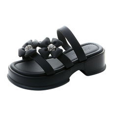 松糕厚底网红花朵水钻外穿凉拖鞋女2024夏新款温柔仙女百搭一字拖，女鞋拖鞋，星座1407-3