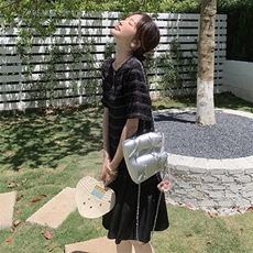 韩版显瘦高级感圆领连衣裙女2025年夏季新款减龄黑色泡泡袖A字裙，女装连衣裙，2C271