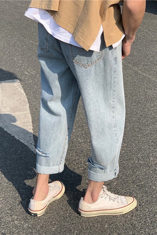 男女中性字母破洞牛仔裤潮流休闲裤子青少年九分直筒牛仔裤A2105,男装牛仔裤,星座302B