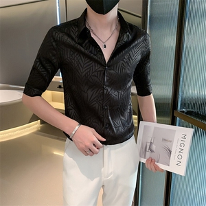 黑 店主风社会小伙男士提花七分袖衬衫男301A-1/CS583/P55图片