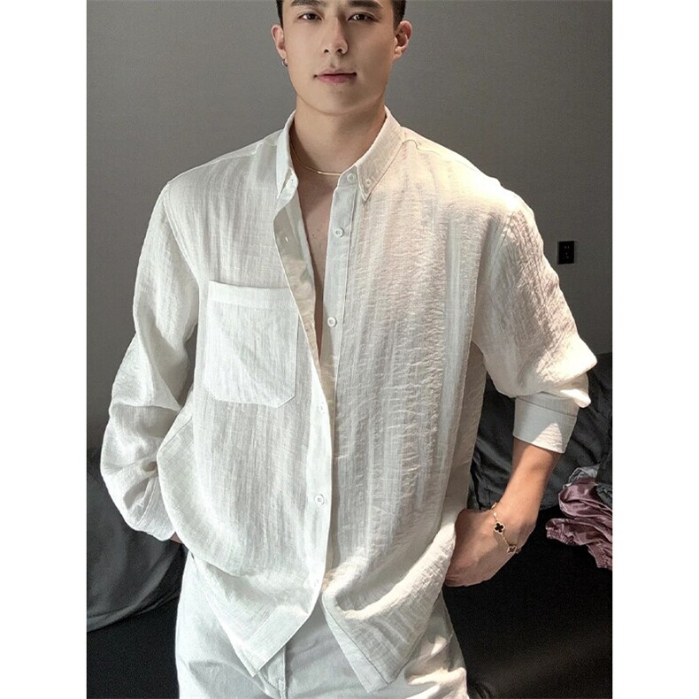 重磅棉麻长袖衬衫男2024新款潮牌痞帅宽松大码慵懒风防晒衬衣外套,男装防晒衣,星座1004-3