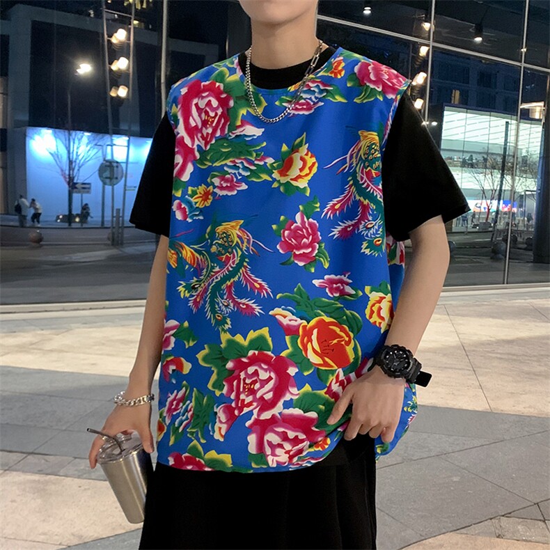 夏季大码东北大花布男背心坎肩运动马甲男装风民族牡丹花MJ01,男装卫衣,星座115A(原星座507）