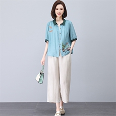 高端天丝棉麻洋气妈妈装夏款年轻套装2023新款夏季亚麻女装两件套，女装套装/套裙，璐依舞