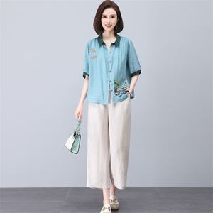 高端天丝棉麻洋气妈妈装夏款年轻套装2023新款夏季亚麻女装两件套图片