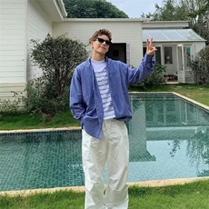 美式格子刺绣蓝色格纹衬衫外套潮牌男慵懒风长袖衬衣CY1210-P33，男装衬衫，星座412-3