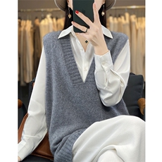 中长款100%纯羊毛马甲女V领前短后长开叉毛衣背心叠穿羊绒衫坎肩，女装马甲，美雪羊绒