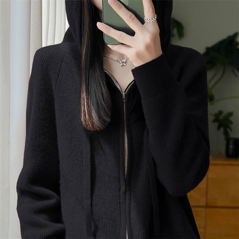 纯色长袖开衫羊毛2024年秋季连帽拉链羊毛针织衫，女装羊毛衫，暖圣羊羊绒