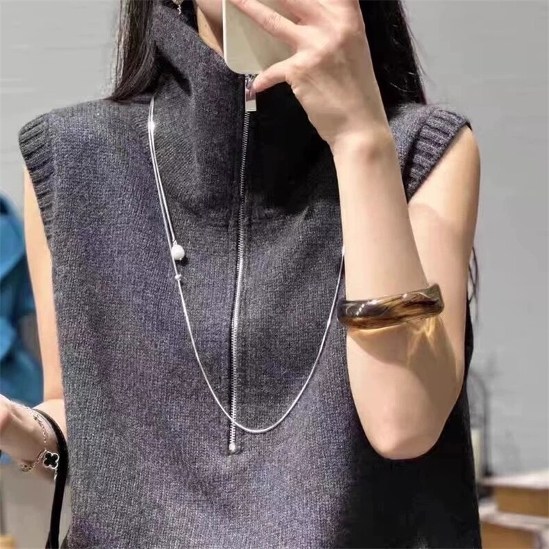 小禾同款羊毛马甲秋冬新半拉链双层领设计坎肩背心翻领女无袖毛衣,女装马甲,朝辰羊绒