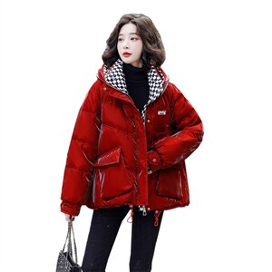 亮面短款羽绒服女2022新款加厚小个子棋盘格撞色洋气90白鸭绒外套图片