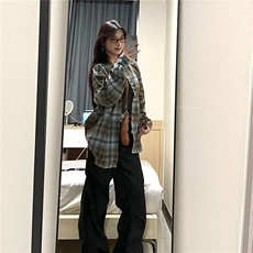 美式复古磨毛格纹长袖衬衫女2024秋宽松衬衣显瘦翻领气质百搭外套，男装衬衫，星座506A