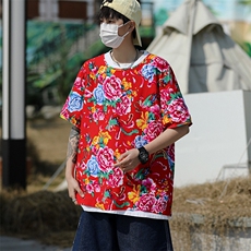 HT202男士夏大码人棉大花红黑圆领短袖透气凉爽TEE恤棉纱风，男装T恤，星座115A(原星座507）