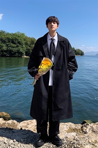 特批90无差价秋新休闲宽松中长款风衣男潮设计感时尚潮牌外套J541图片