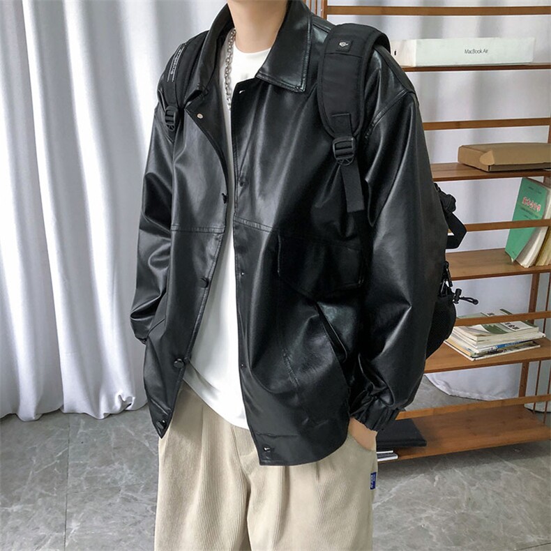 现货春装皮衣外套男宽松休闲PU机车皮夹克潮流A584-P90加绒100,男装皮衣,电商A351
