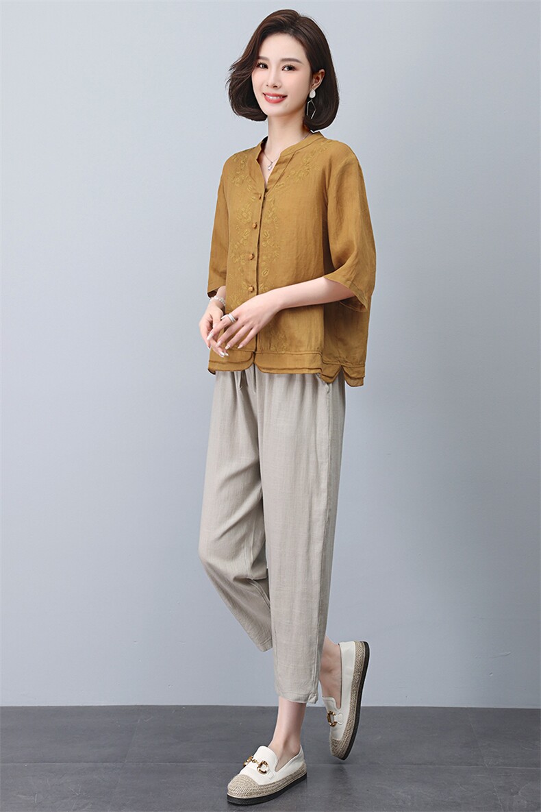 优雅刺绣苎麻短袖上衣夏季宽松显瘦女装衬衫,女装衬衫,悦见她
