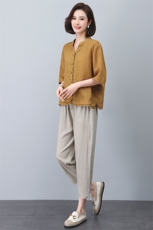 优雅刺绣苎麻短袖上衣夏季宽松显瘦女装衬衫，女装衬衫，悦见她