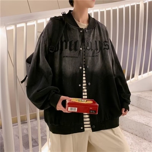 美式复古字母刺绣渐变棒球服男女秋季做旧水洗宽松情侣装夹克外套图片