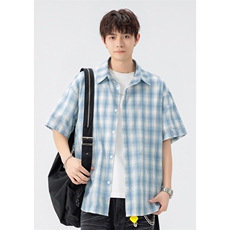 特批P27无差价2025夏季新款休闲蓝色格子短袖宽松衬衫男CD5503，男装衬衫，电商A001-1
