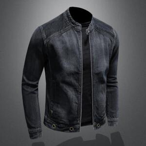 跨境外贸20春季上新男士立领深蓝机车复古拉链牛仔jacket外套潮图片
