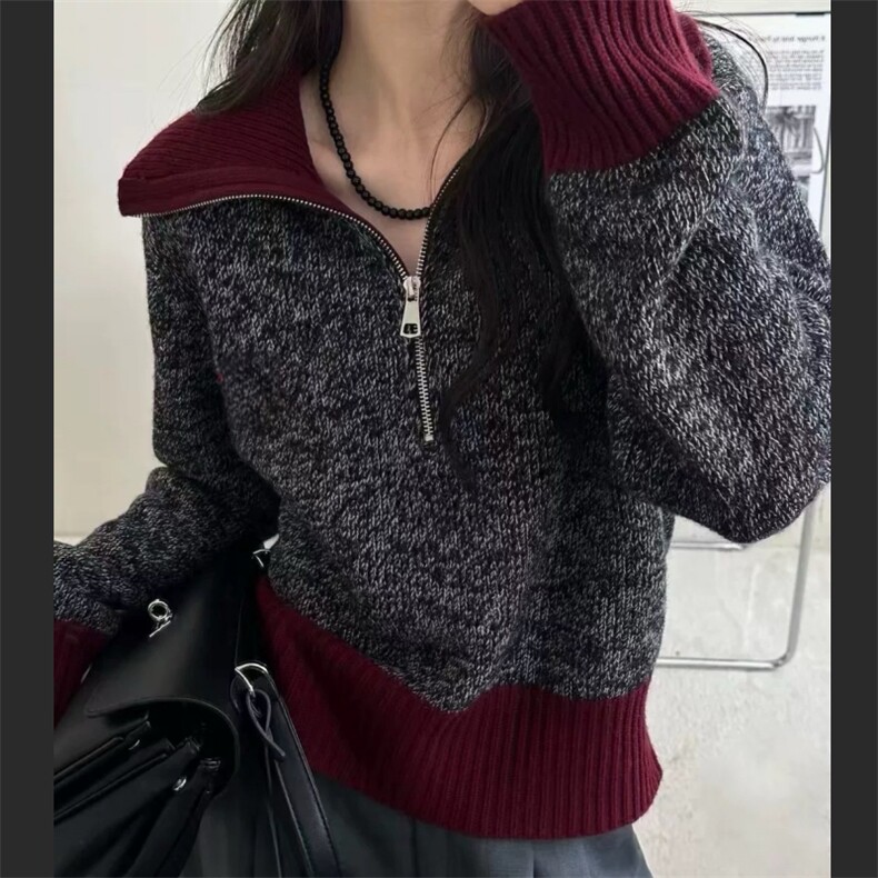 2025年秋季新款花纱拉链半开高领针织上衣休闲时尚通勤，女装针织衫/毛衣，圣旺供货