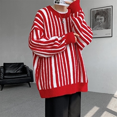 现货条纹慵懒风圆领套头宽松加厚毛衣针织衫MY7136-特批70，男装针织衫/毛衣，电商A059