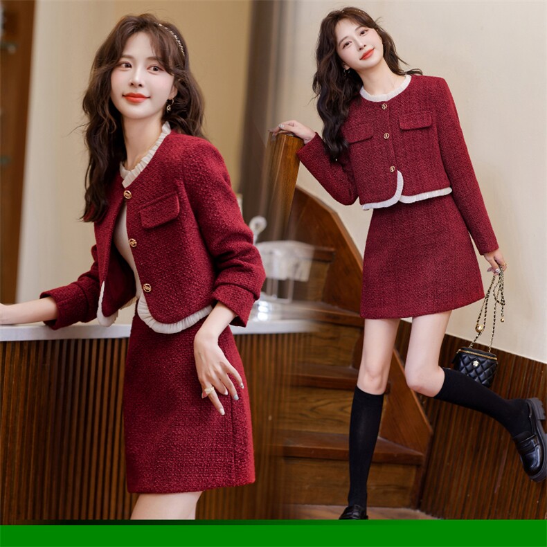 红色小香风套装短裙子订婚礼服女秋天小个子穿搭结婚当天新娘便装，女装套装/套裙，雅静靓衣