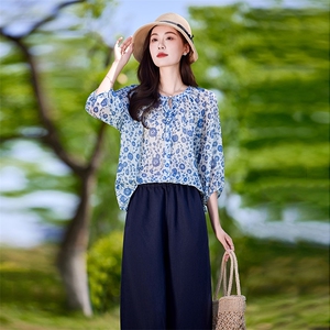 时尚休闲气质衬衫套装女2025夏新款宽松减龄显瘦亚麻阔腿裤两件套图片