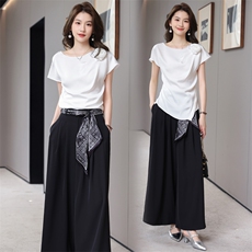 2025年夏季时尚气质优雅配花不规则剪裁减龄阔腿裤两件套，女装套装/套裙，卡杰菲