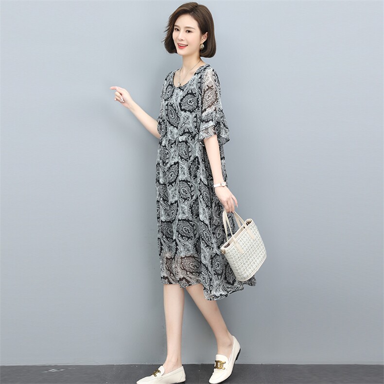 2022夏季新款复古印花连衣裙宽松显瘦遮肚雪纺裙,女装连衣裙,依恋蒂丝