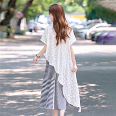 2025夏新款韩系独特气质不规则中长蕾丝罩衫格子半身裙两件套女，女装套装/套裙，半夏