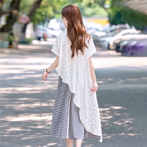 2025夏新款韩系独特气质不规则中长蕾丝罩衫格子半身裙两件套女图片