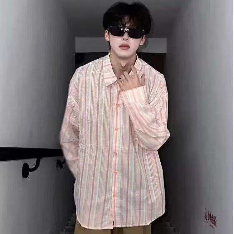 ins新款简约潮流无品牌文艺蓝色条纹长袖衬衫男士春秋季百搭,男装衬衫,星座516A