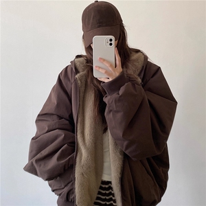 潮牌两面穿仿兔毛棉衣男冬美式痞帅保暖连帽棉服复古百搭情侣外套图片