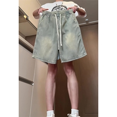 GENIOLAMODE浅蓝色牛仔短裤男士2025夏季新款美式潮牌五分中裤子，男装牛仔裤，星座218-5