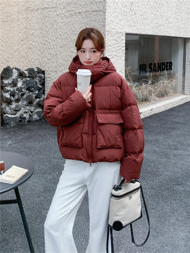 高级感安哥拉红羽绒服女小个子2025冬季新款加厚保暖连帽面包服,女装短外套,2B156
