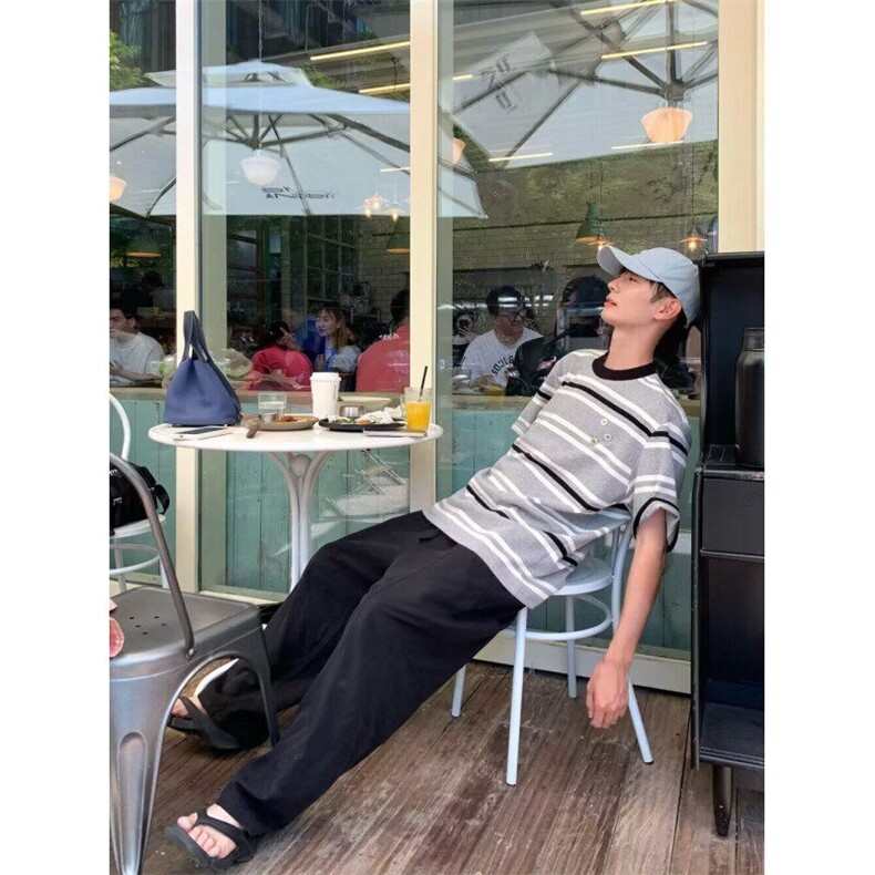 日系复古灰色条纹拼接纽扣休闲短袖男款夏季纯棉休闲宽松圆领T恤,男装T恤,星座506A