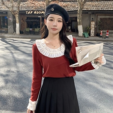 时尚百搭花边领长袖针织衫甜美可爱显瘦上衣秋季必备单品，女装针织衫/毛衣，鑫慧