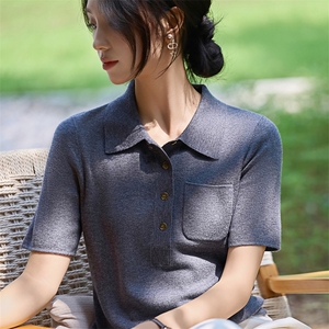 法式polo领精纺毛针织短袖T恤女2025新半袖打底翻领小衫打底上衣图片