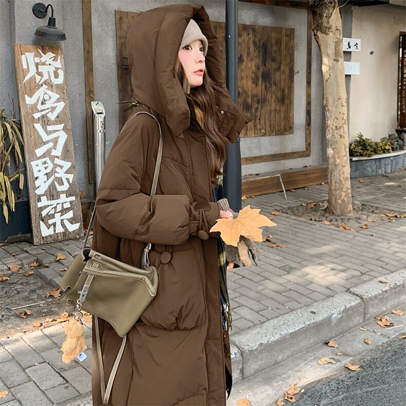 军绿色羽绒服女冬季新款韩系宽松长款过膝保暖加厚连帽白鸭绒外套,女装羽绒服,1D066-1